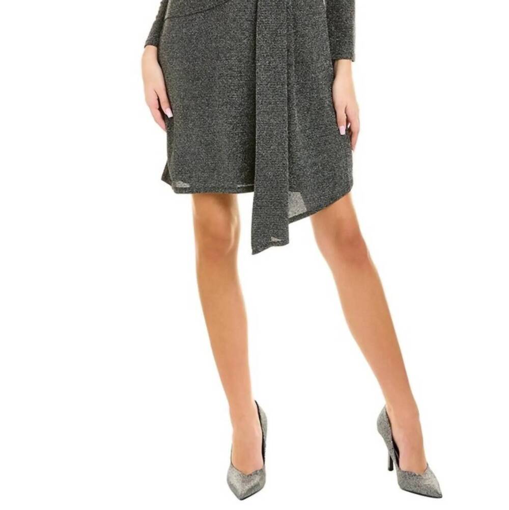 NEW LONDON TIMES shimmer long sleeve drape skirt cocktail dress in black silver